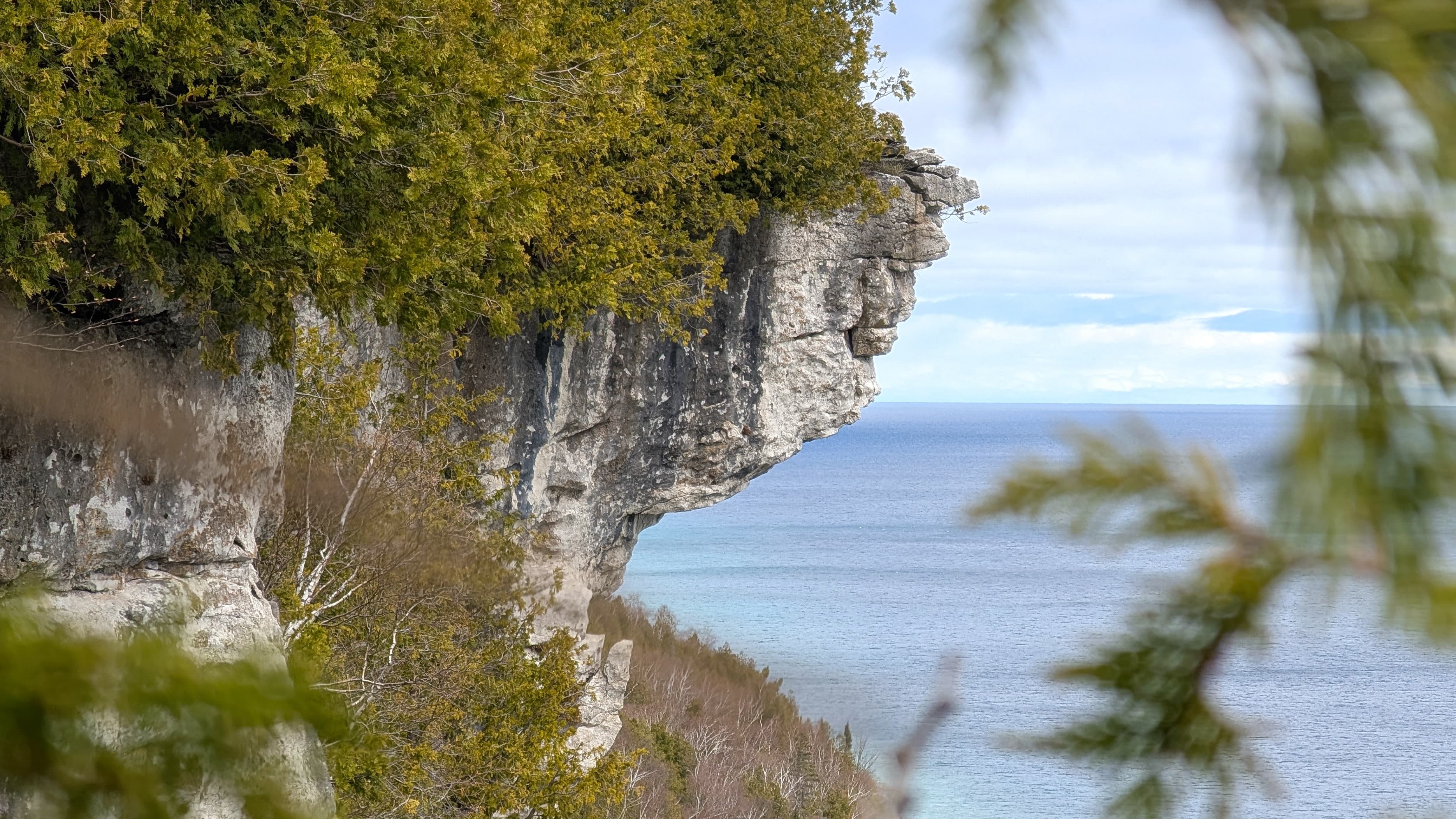 Peeking through some ferns, a towering cliff bends over crystal water in southern Ontario