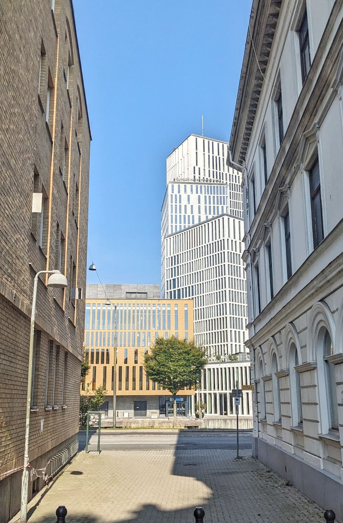 A tree hidden between buildings at the end of an alley in Malmö