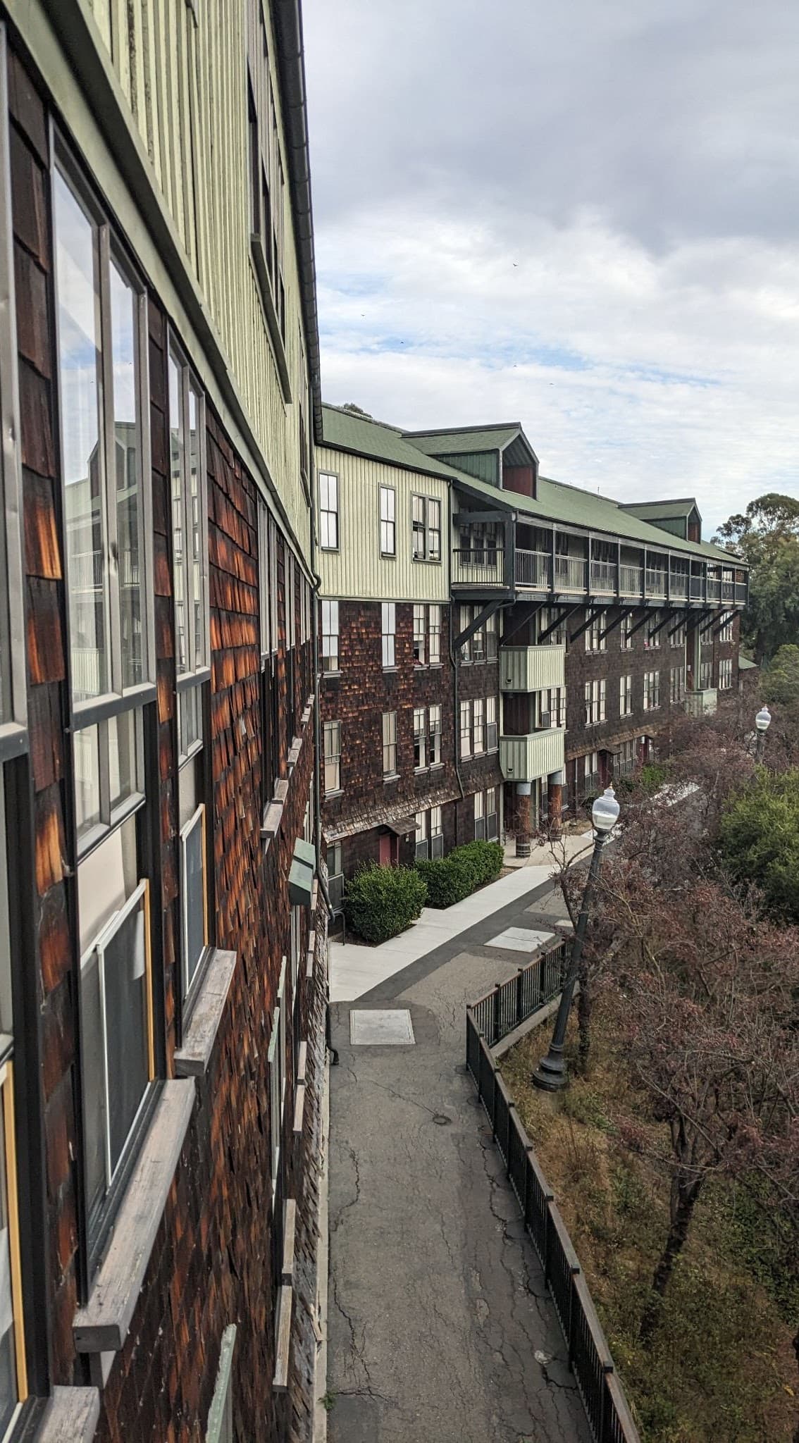 A long residence sits atop a steep hill on University of California Berkeley campus